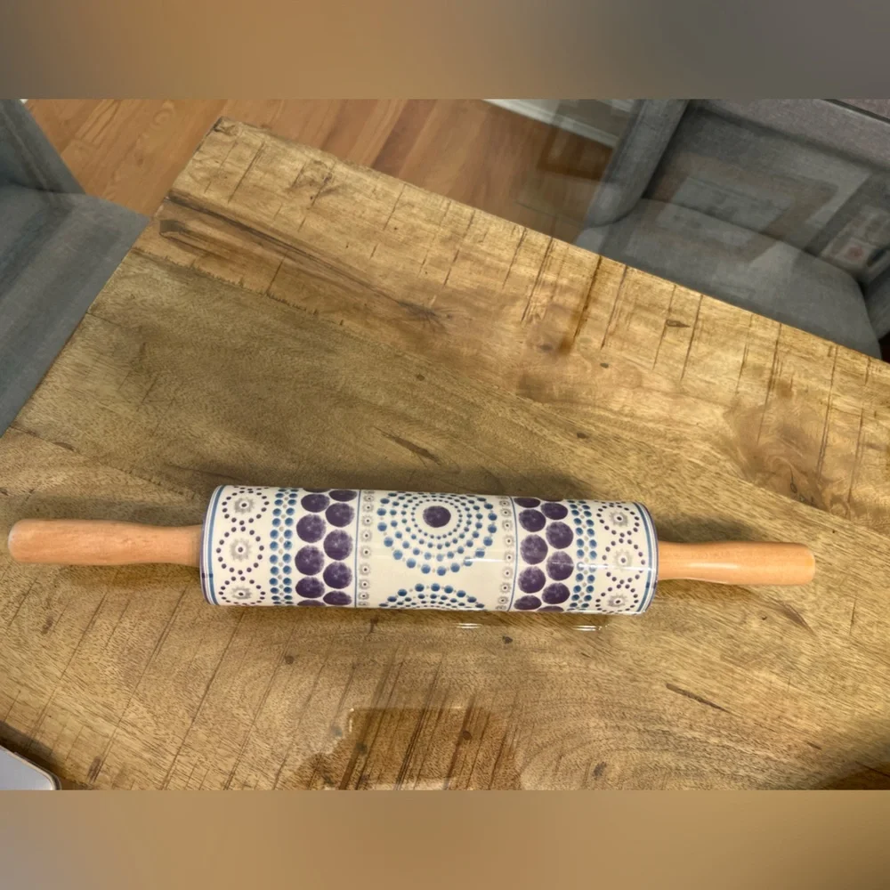Anthropologie Psychedelic Pattern Ceramic Rolling Pin W/ Wood Handles
